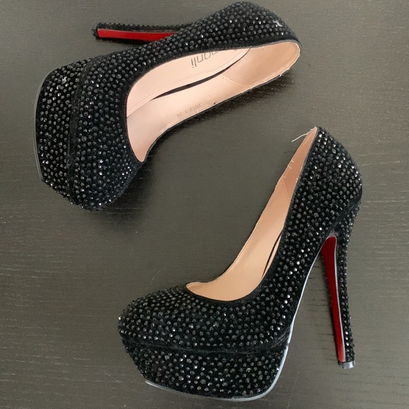 Black suede/rhinestone platform, stilettos - Picture 5 of 13
